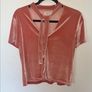 Velvet Tie-Neck Blouse in Coral